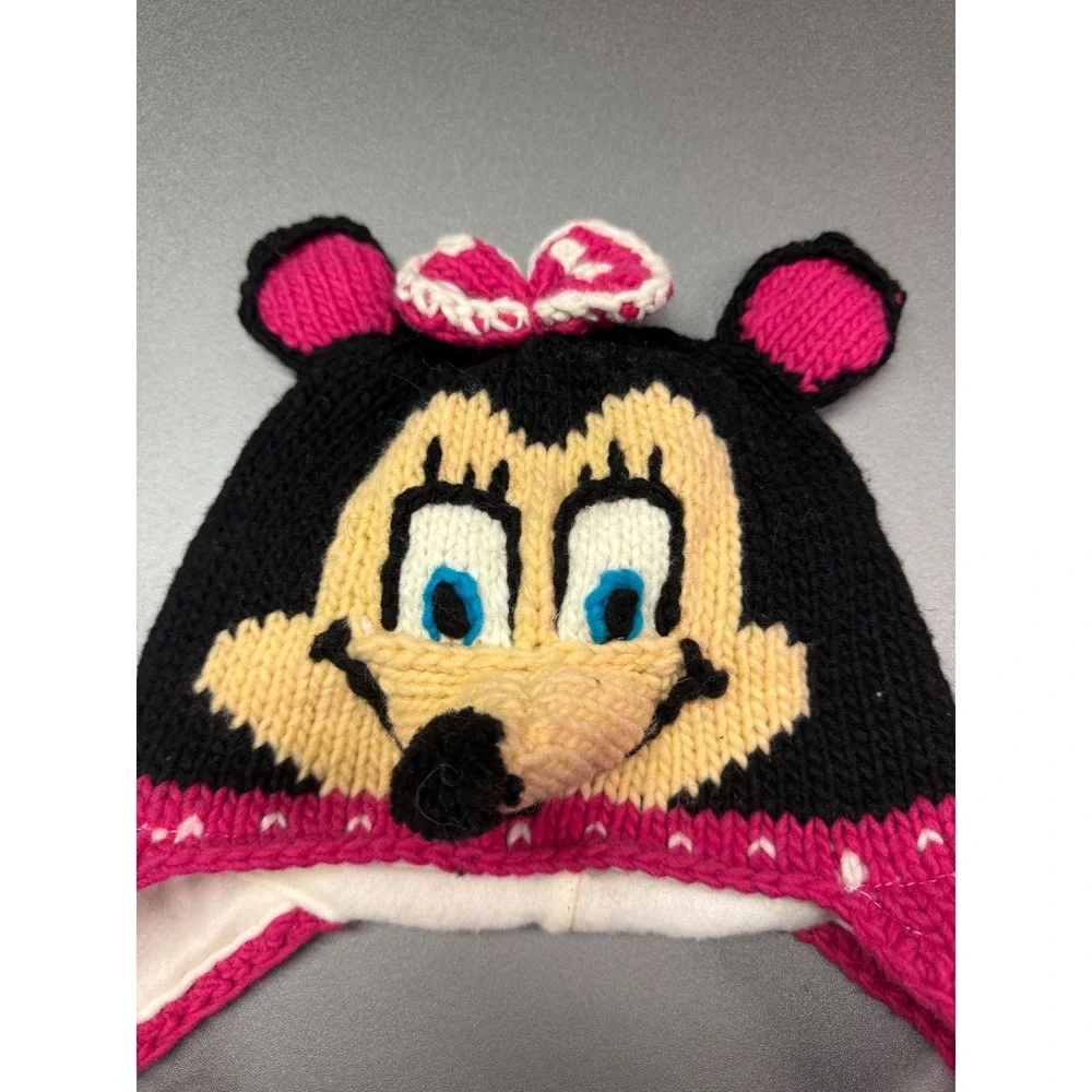 Southwest Crafts Handmade Minnie Mouse Knit Beanie Pink Black Fleece Lined NWT